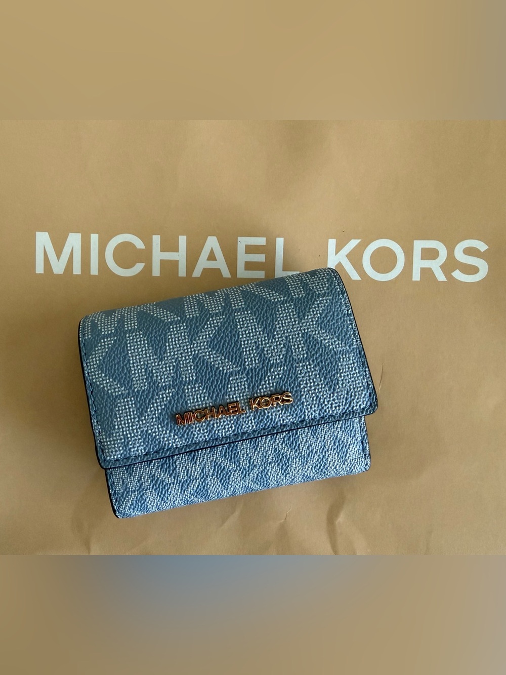 Michael Kors Light Blue Logo-Print Compact Wallet with Gold Hardware